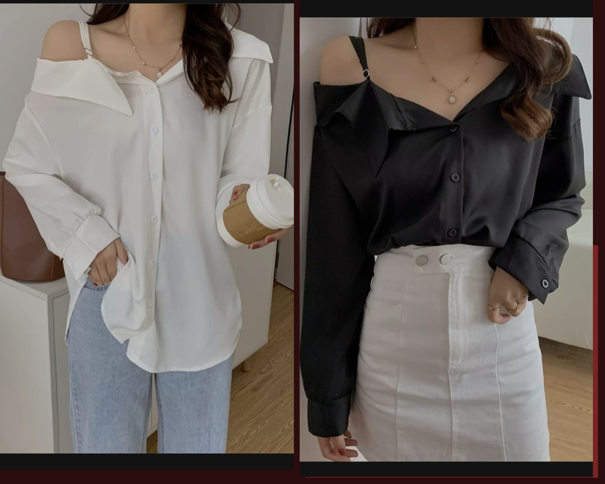 Áo sơ mi lụa nữ lệch vai fom thụng, áo sơ mi lụa
