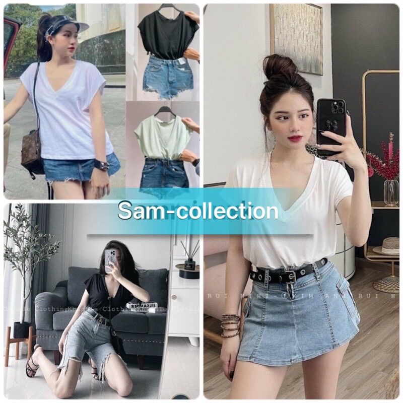 Áo thun cổ tim tay ngắn Sam-collection💋Áo phông cổ chữ V nữ tay rơi💋[freeship]