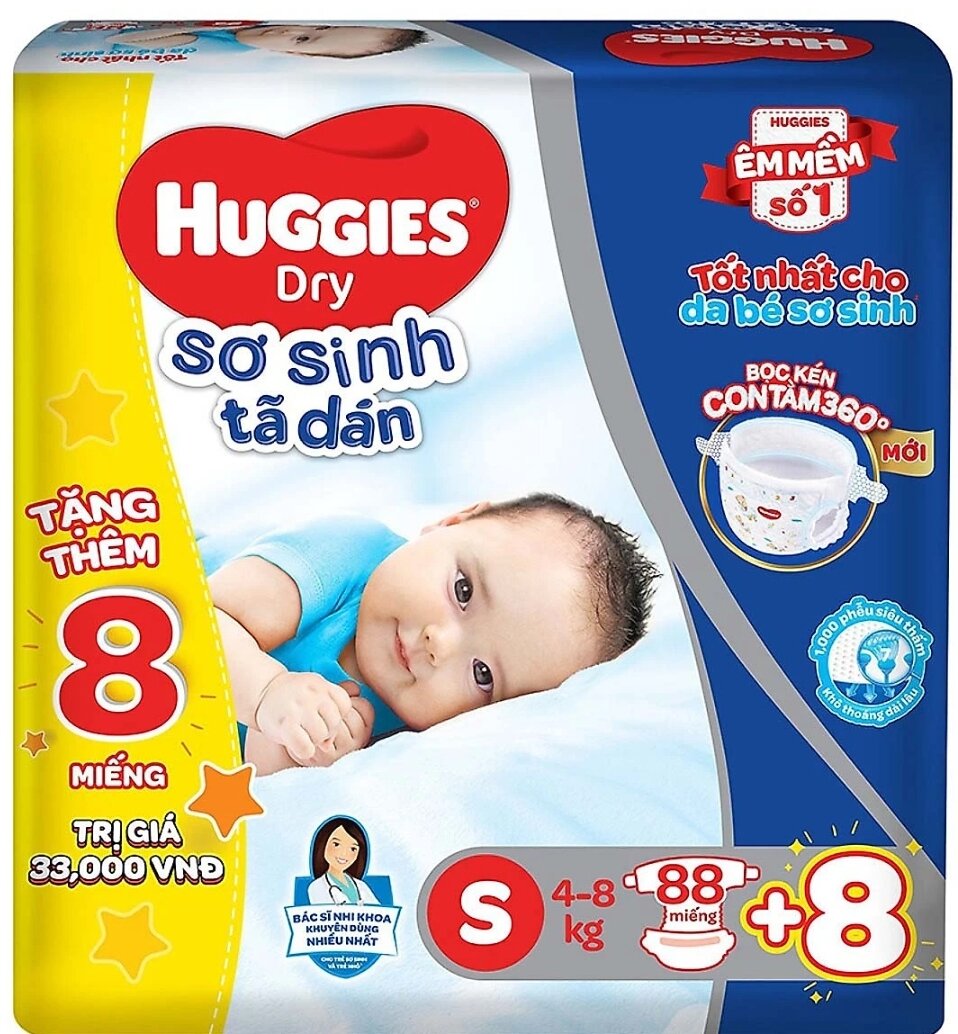 Bỉm huggies dán S88/S56 dán M76, dán L68 miếng cho bé từ 4-14kg