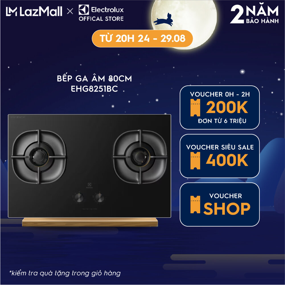 Bếp ga âm Electrolux EHG8251BC 2 vùng nấu 80cm - Kiềng gang chắn gió, ngắt ga tự động, hiệu suất nấu cao, 9 mức lửa khác nhau