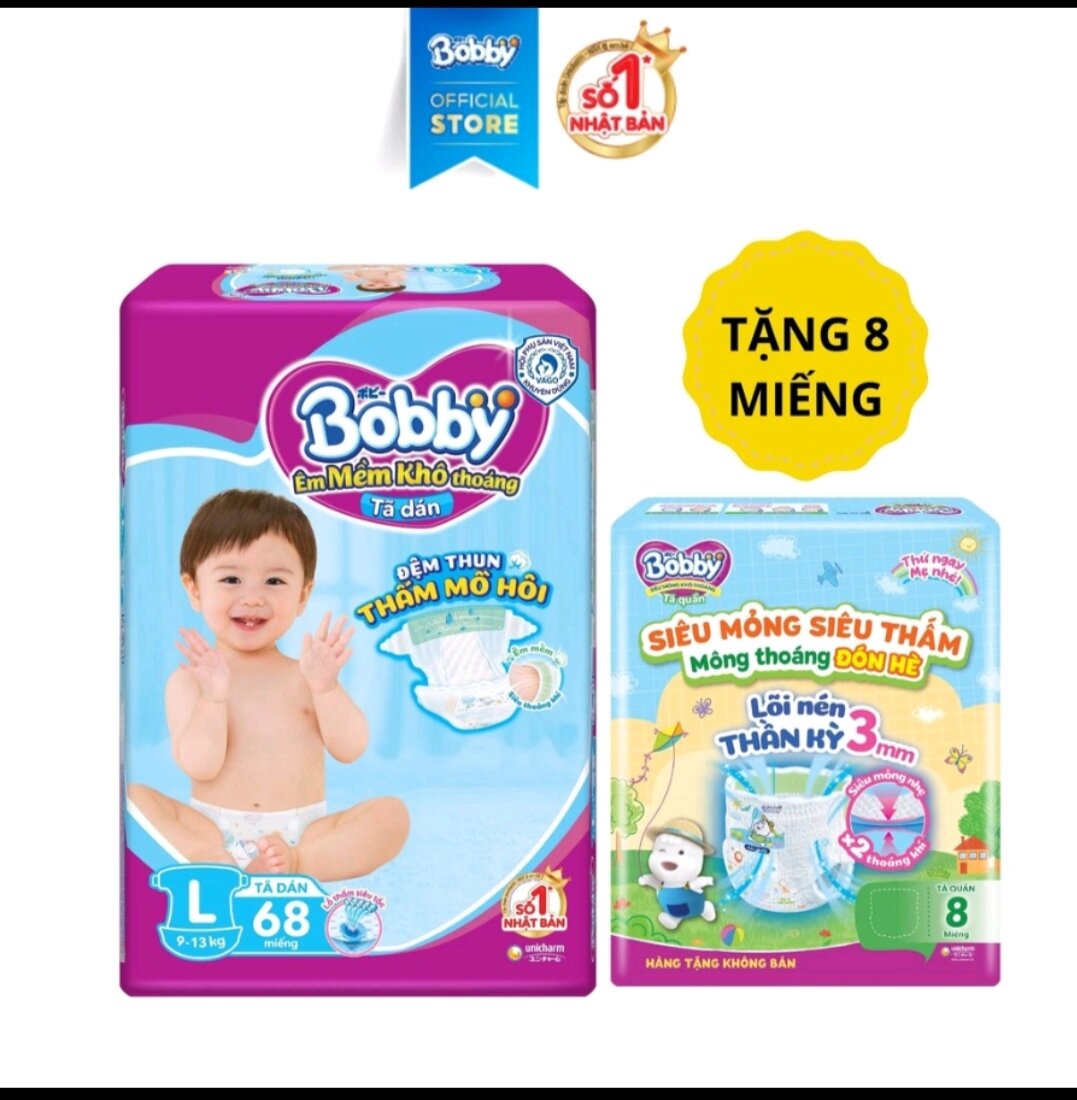 Tã dán bobby siêu mỏng gói cực đại l68+8 miếng