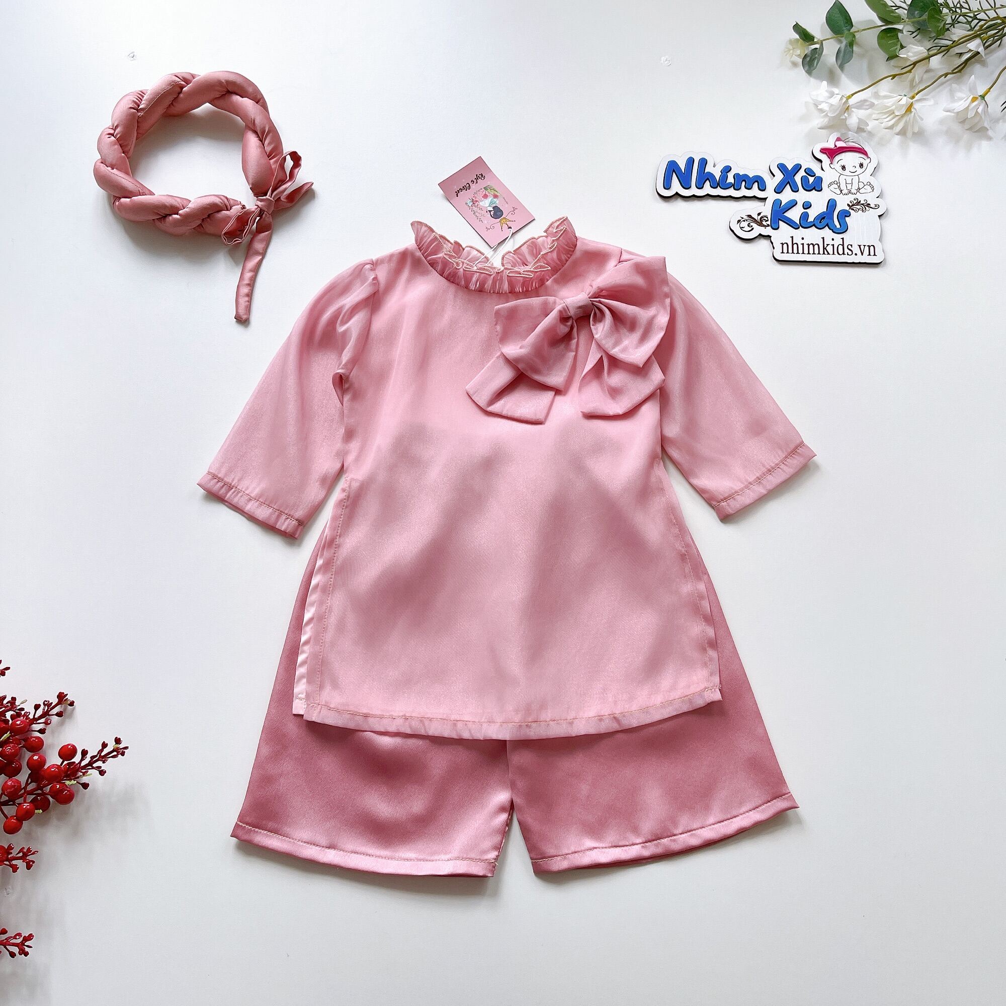 (4-28kg) Áo Dài Cách Tân Gấu Đỏ NHÍM XÙ KIDS Cho Bé Gái 6 Tháng Đến 8 Tuổi Chất Lụa Mango - Đũi Hàn AD123