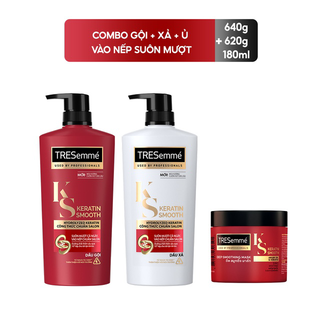 Combo gội 640g, xả 620g & kem ủ 180ml tresemme keratin smooth với dầu dưỡng tóc argan & keratin giúp vào nếp suôn mượt