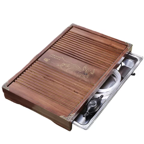 Khay trà gỗ trà đạo kufu nhật bản hình chữ nhật có học đựng nước bằng inox 304 không rỉ.