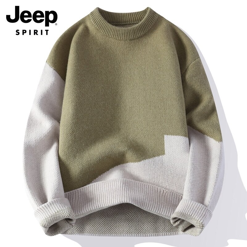 Áo len jeep jeep áo len giữ ấm màu đối lập trào lưu mùa thu đông mẫu nam áo len dệt kim mặc trong cổ tròn dày dặn trang phục nam