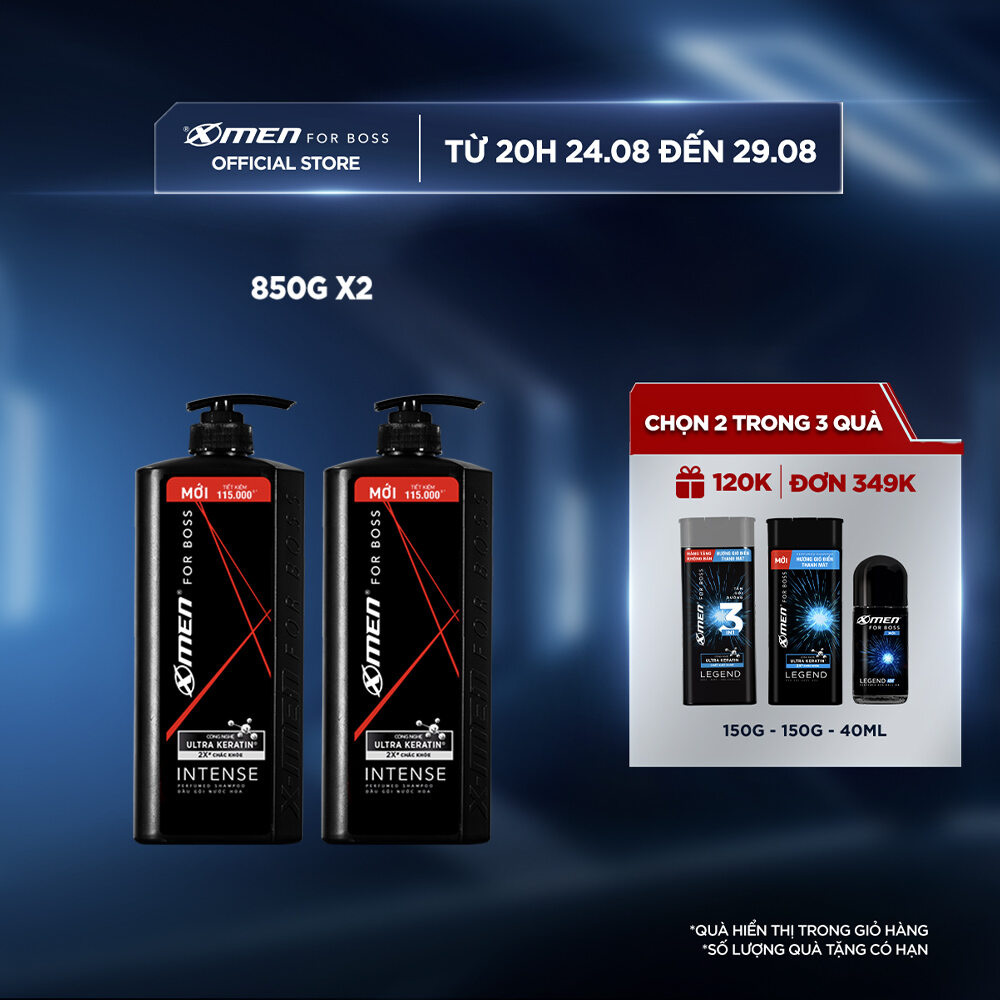 Combo 2 Dầu gội X-Men for Boss hương trầm đầy nội lực Intense với Ultra Keratin© mới 850g/chai