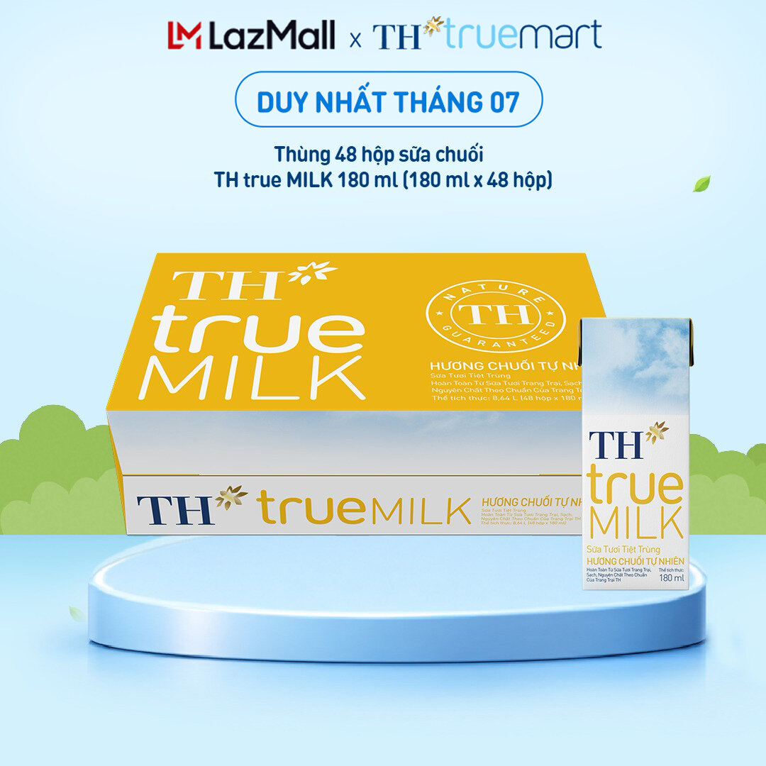 Thùng 48 hộp sữa tươi tiệt trùng TH true MILK hương chuối 180 ml (180 ml x 48)