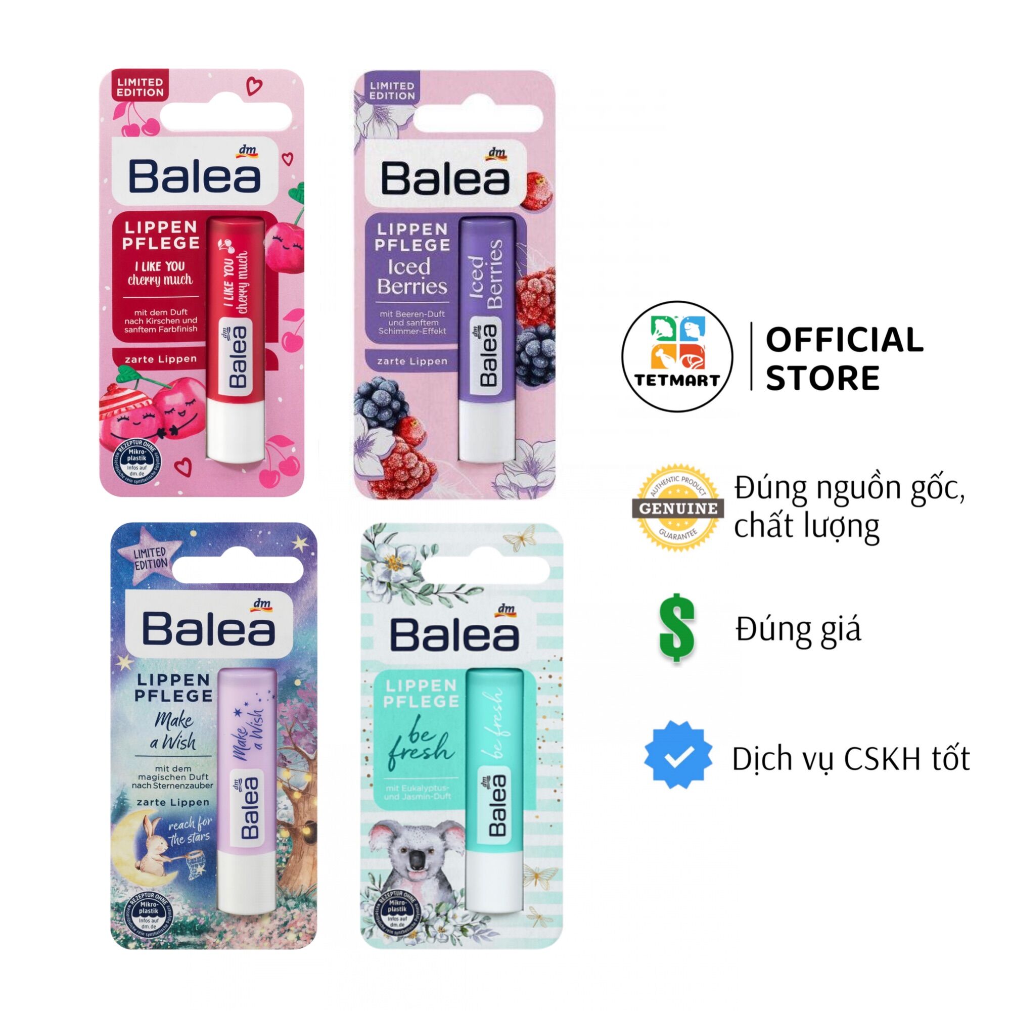 Son dưỡng môi Balea - Hàng chuẩn Đức, Bản giới hạn Limited Edition, 4 loại: đỏ anh đào, tím đậm, tím nhạt, xanh dương