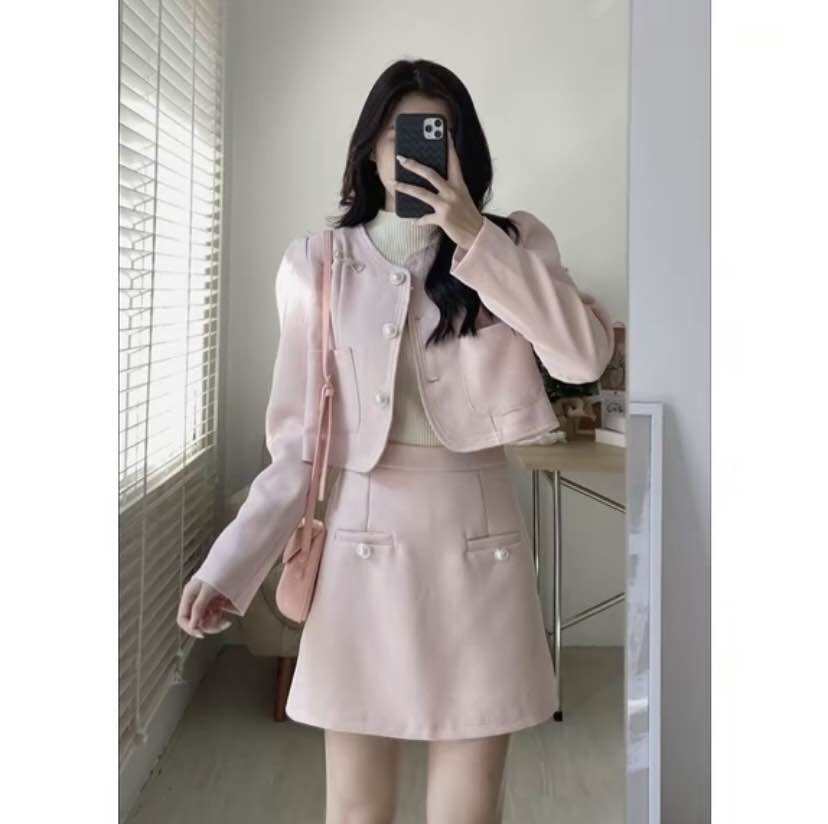 Sét áo dạ tweed blaze cổ tàu croptop dài tay kèm chân váy ngắn tennis dành cho nữ