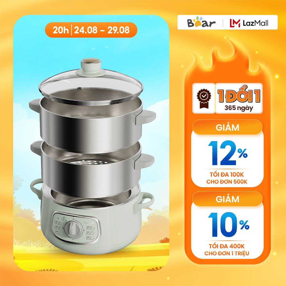Nồi Hấp và Nấu Lẩu Điện Đa Năng 10L Bear DZG-D80G5 - Chính hãng - Bảo hành 18 tháng