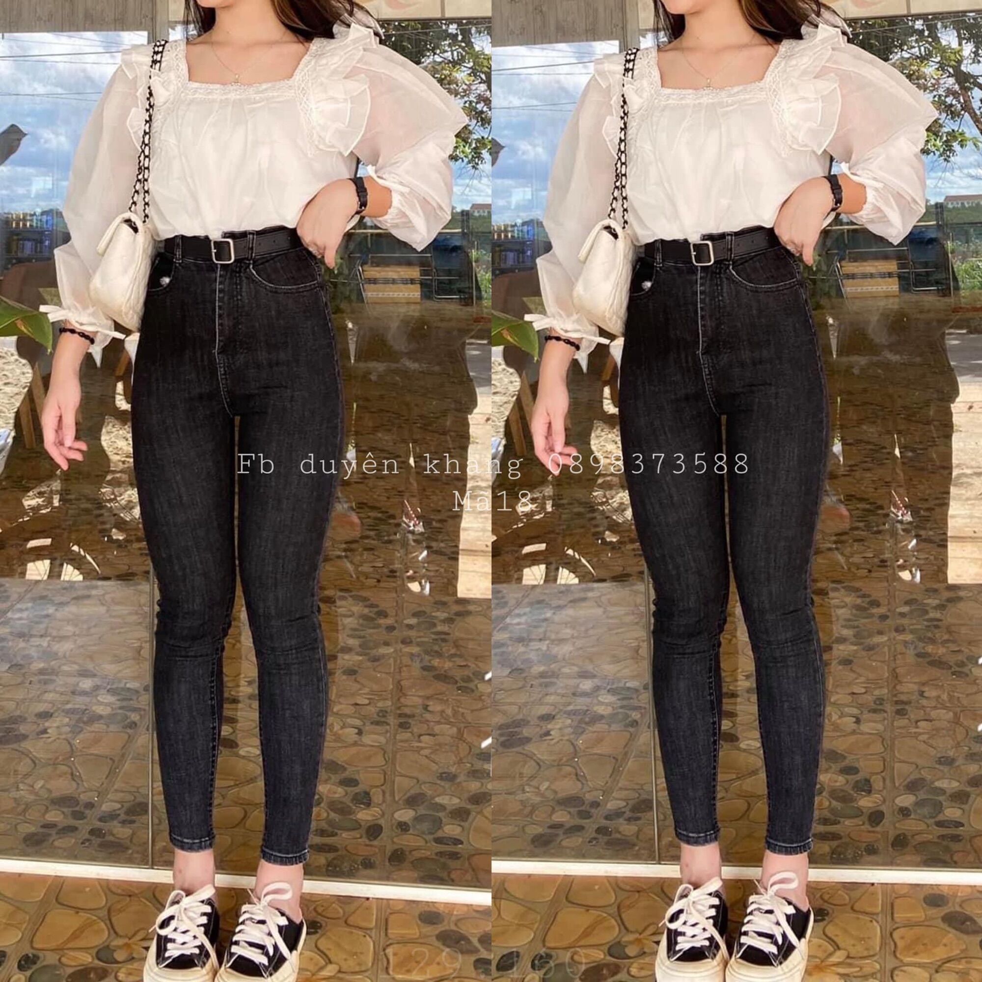 Set jeans dài lưng cao xám + áo cổ vuông tiểu thư