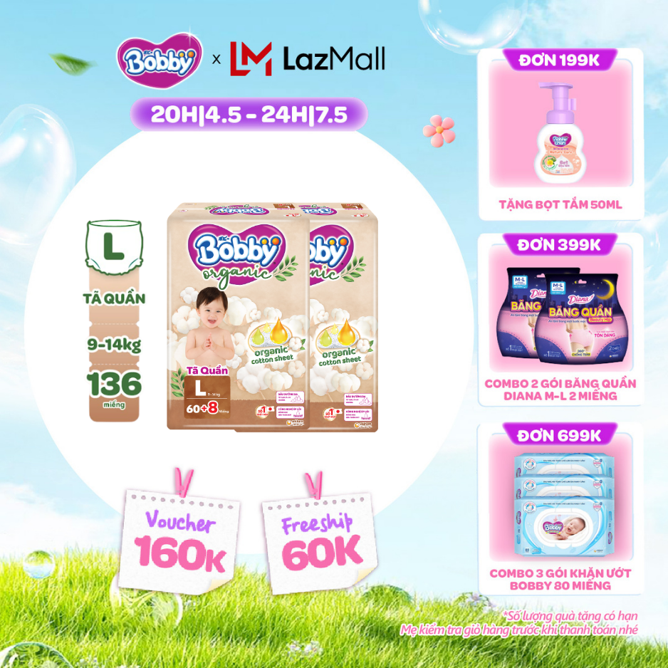 [CHỈ 20h 04-07.05 QT Đơn 899K/1199K][COMBO 2] [TẶNG KÈM 16 MIẾNG] Tã quần cao cấp Bobby Organic chăm sóc dịu nhẹ từ thiên nhiên L60