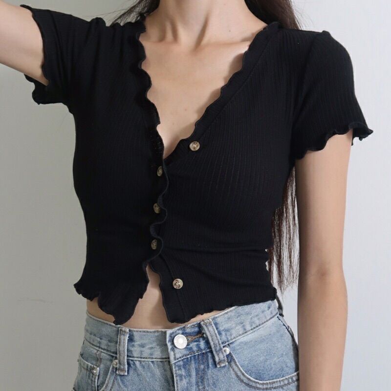 Áo Croptop Cài Cúc Cổ V Chạy Viền Bèo