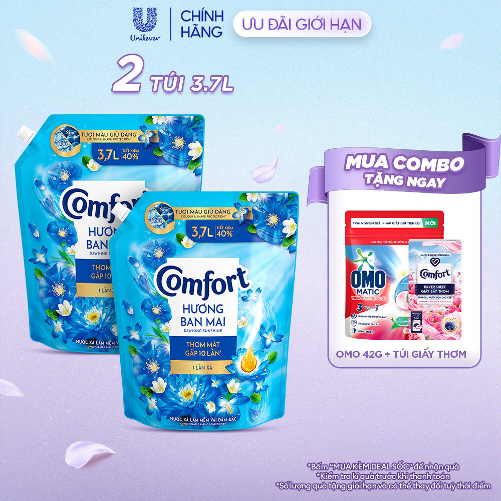Combo 2 Nước Xả Vải Comfort Hương Ban Mai Thơm Mát Gấp 10 Lần Túi 3.7L (bao bì tùy lô nhập hàng)
