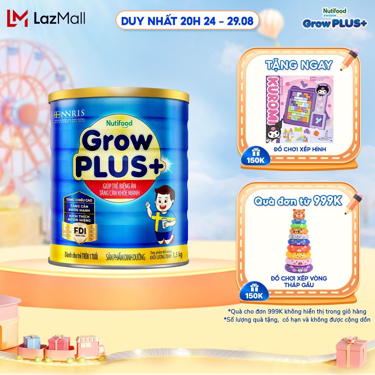 Sữa Bột Nutifood GrowPLUS+ Biếng Ăn (Xanh) 1+ - Tăng Cân Khỏe Mạnh (Lon 1,5KG)