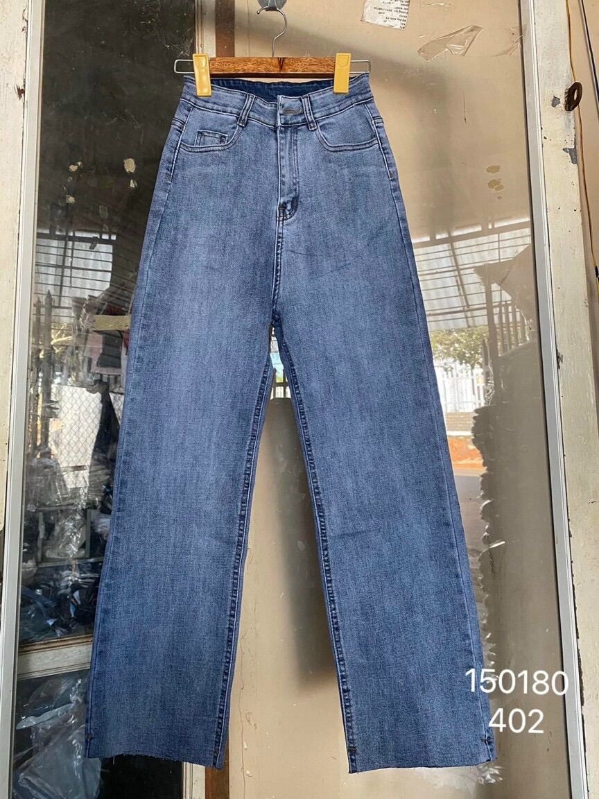 Baggy Jeans Lưng Cao Ống Suông Tua Lai