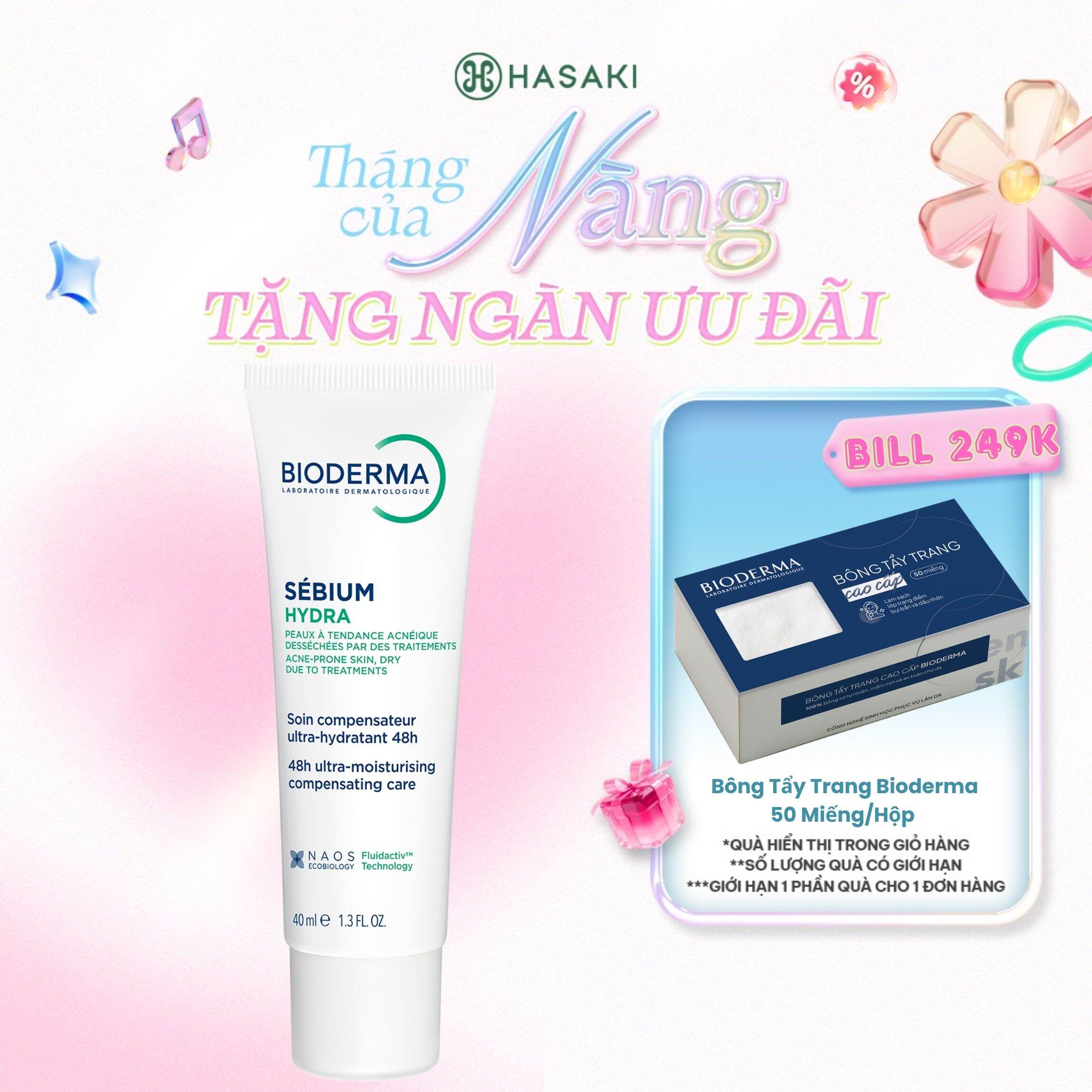 [MUA LÀ CÓ QUÀ] Kem Dưỡng Ẩm Bioderma Giảm Khô Căng, Bong Tróc Da Mụn 40ml Sébium Hydra Hasaki Sản Phẩm Chính Hãng