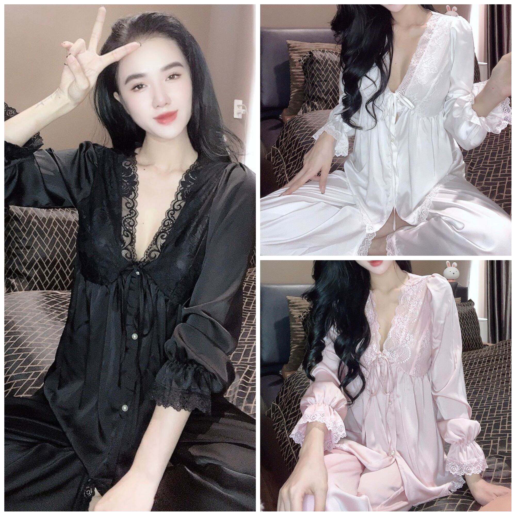 Đồ Bộ Pyjama tay dài quần dài nút ngọc chất Lụa Latin phối ren cao cấp Đồ ngủ nữ mặc nhà