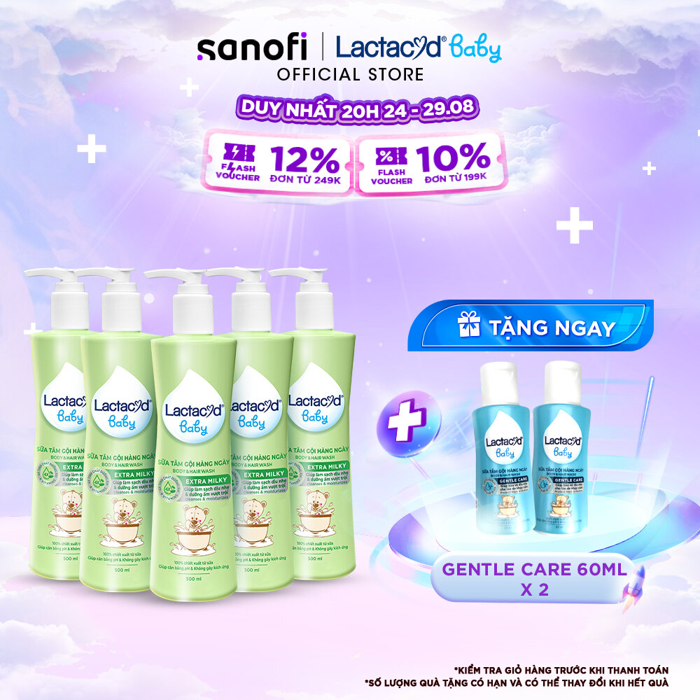 Bộ 5 chai sữa tắm gội trẻ em lactacyd baby extra milky làm sạch dịu nhẹ và dưỡng ẩm vượt trội 500ml/chai