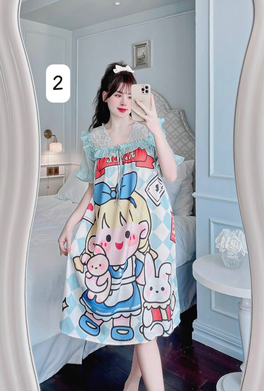 Đầm ngủ lụa xước phối ren hình cute. Freesize 45-60kg