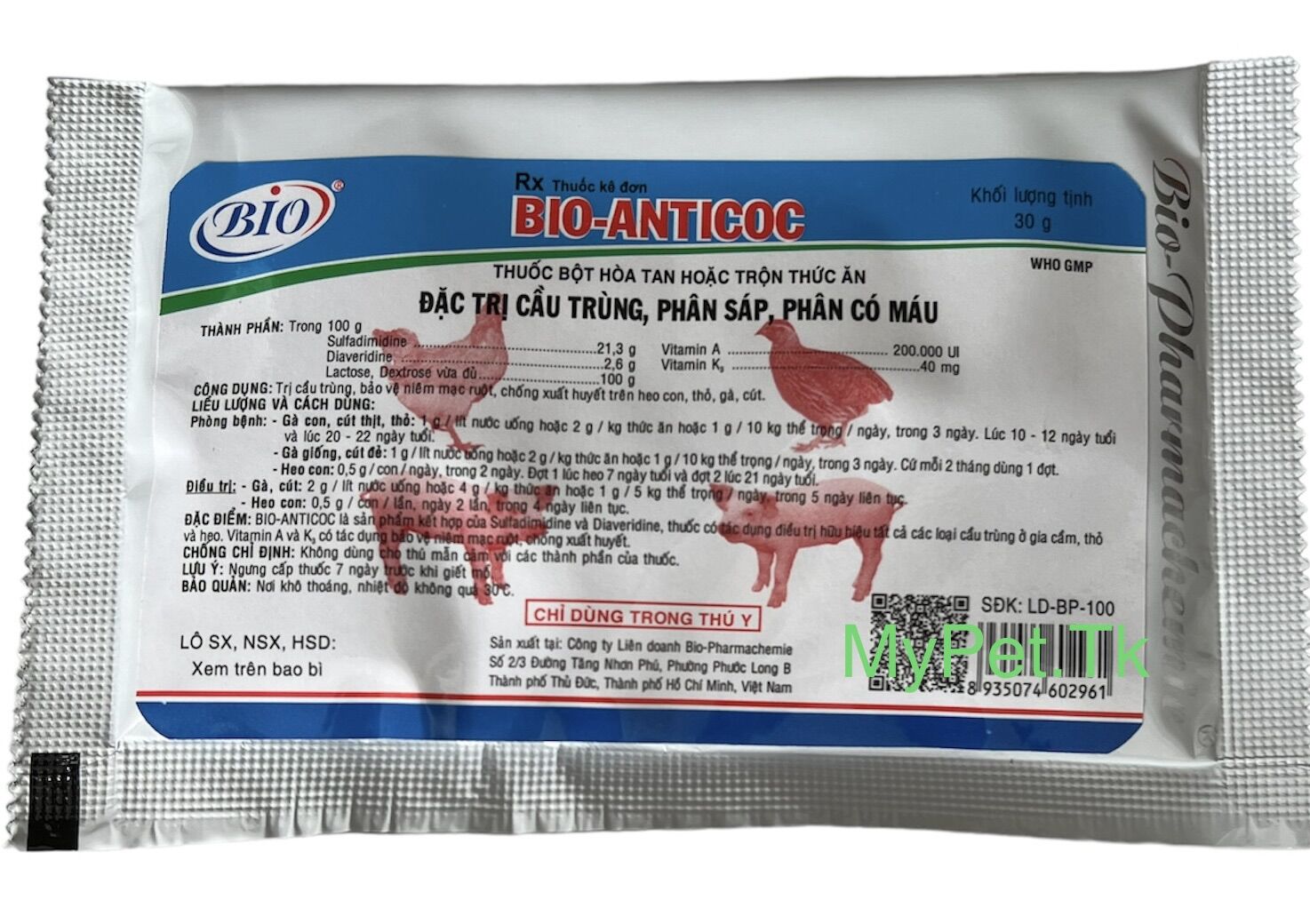 Bio anticoc thuốc phòng trị bệnh cầu trùng, phân sáp, phân có máu, xù lông cho heo thỏ gà vịt chim cút 30g
