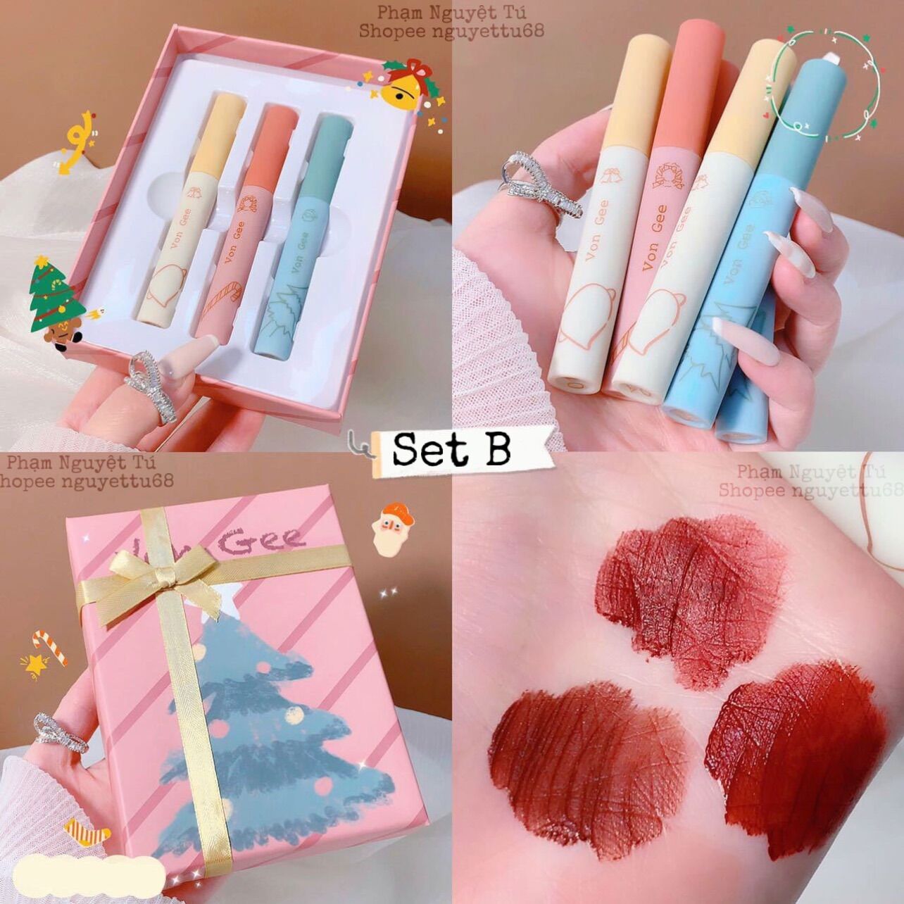 Set 3 son Von Gee kem lì siêu mịn lâu trôi phong cách giáng sinh