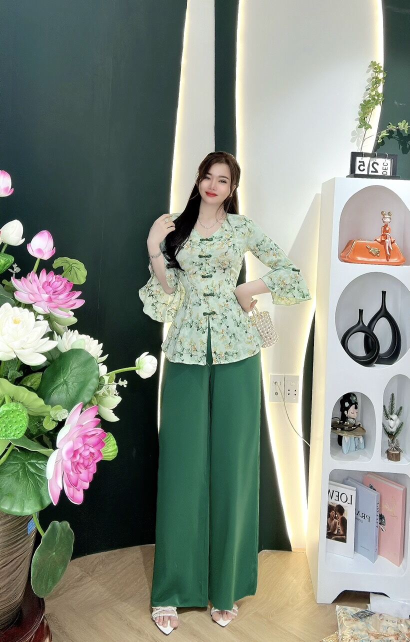 Bộ lam đi chùa/ bộ bà ba tay kiểu lụa mengo hoa nút tàu tay loe cho mẹ và bé