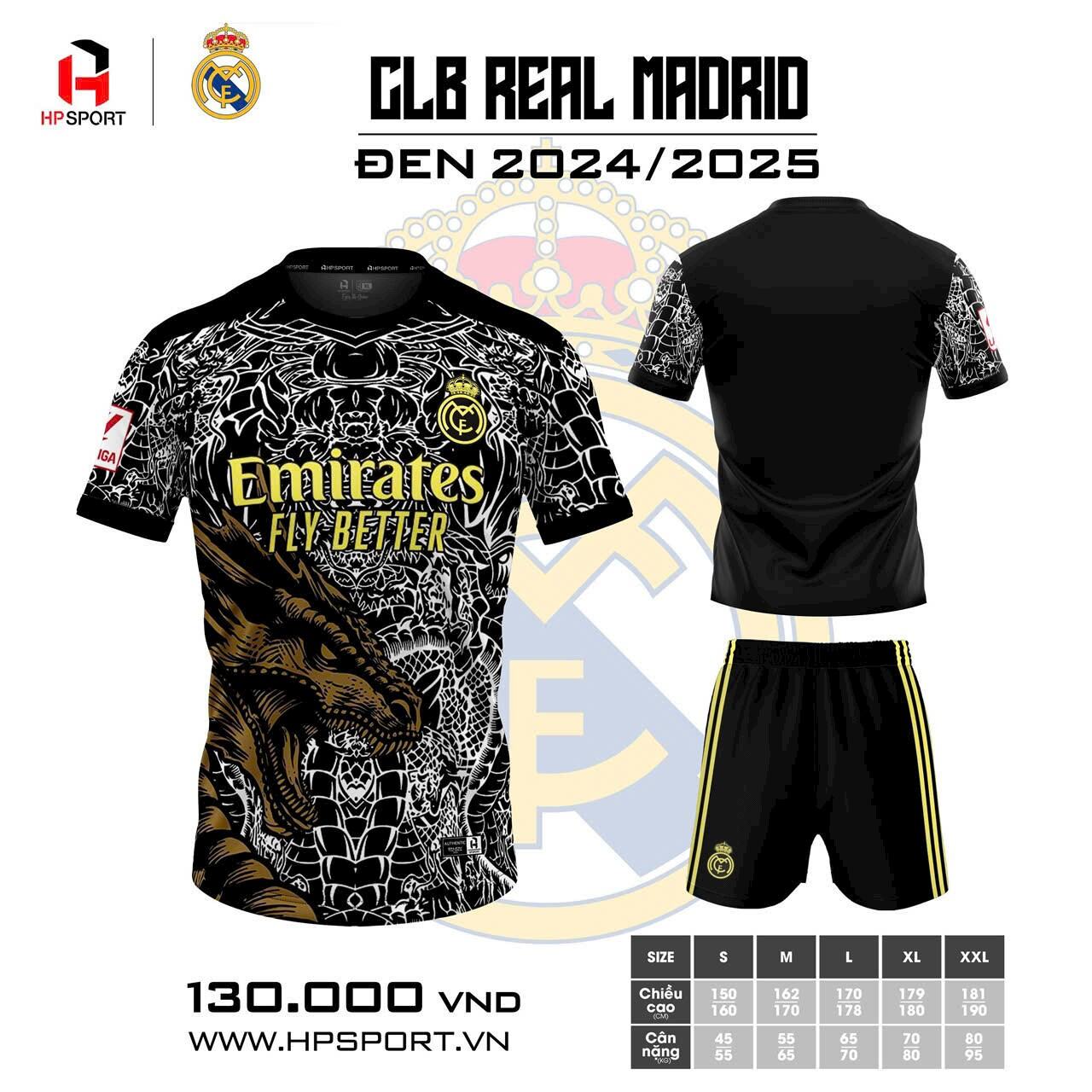 Bộ quần áo đá banh Real Madrid Rồng Đen Thiết Kế 24/25 - Có in tên số theo yêu cầu