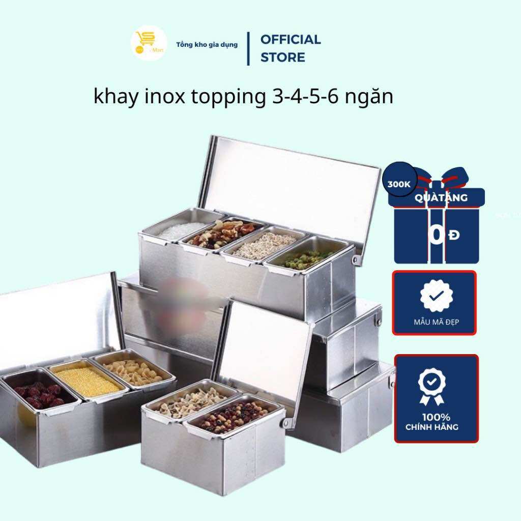 Khay topping inox 3-4-5-6 ngăn, khay đựng gia vị, đựng thạch trà sữa inox sáng bóng, tiết kiệm diện tích mta-mart2