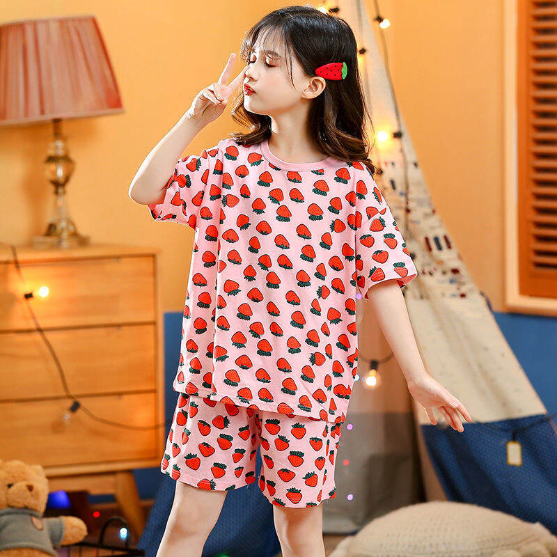 Bộ đồ ngủ ngắn tay trẻ em bộ đồ ngủ cotton bộ đồ mặc nhà bé gái mẫu mỏng mùa hè bộ đồ mặc nhà trẻ em tay ngắn bé gái