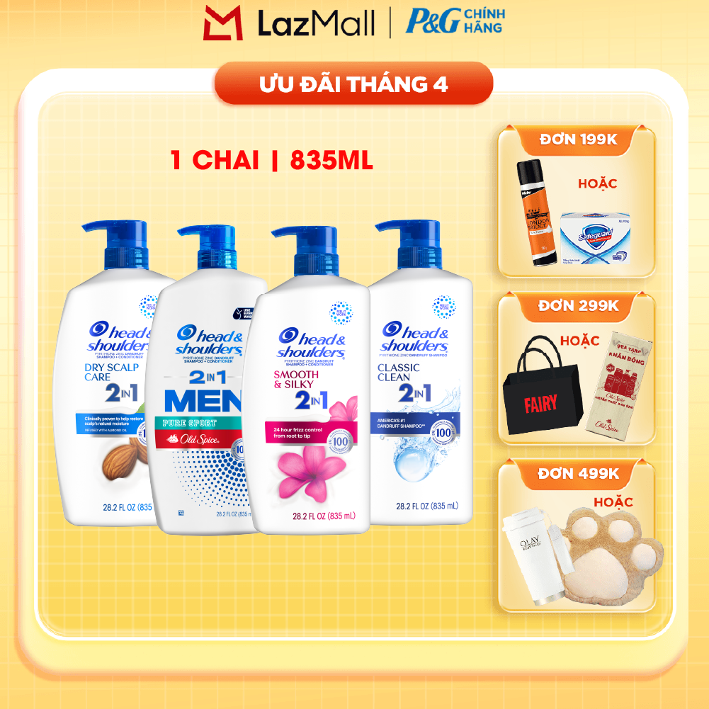 Dầu Gội Xả HEAD  SHOULDERS Nhập Khẩu Mỹ Sạch Gàu 2IN1 Hương Smooth  Silky/ Old Spice Pure Sport/ Classic Clean/ Dry Scalp Care Chai 835ML