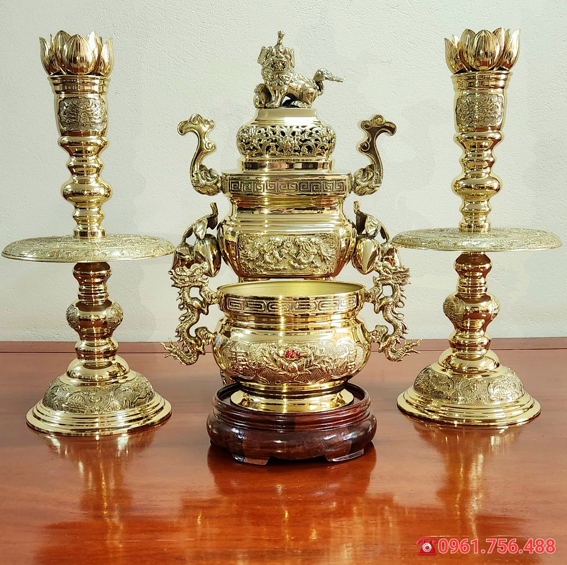 Bộ lư đồng vàng vuông 47cm- LƯ NẾN BÁT NHANG