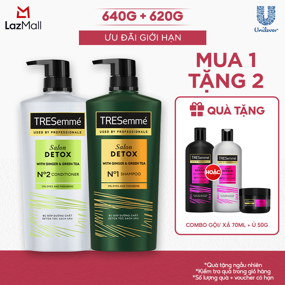Combo Dầu Gội, Dầu Xả TRESemmé Salon Detox Cho Tóc Sạch Sâu Gừng Và Trà Xanh Dưỡng Tóc Chắc Khỏe 640g, 620g