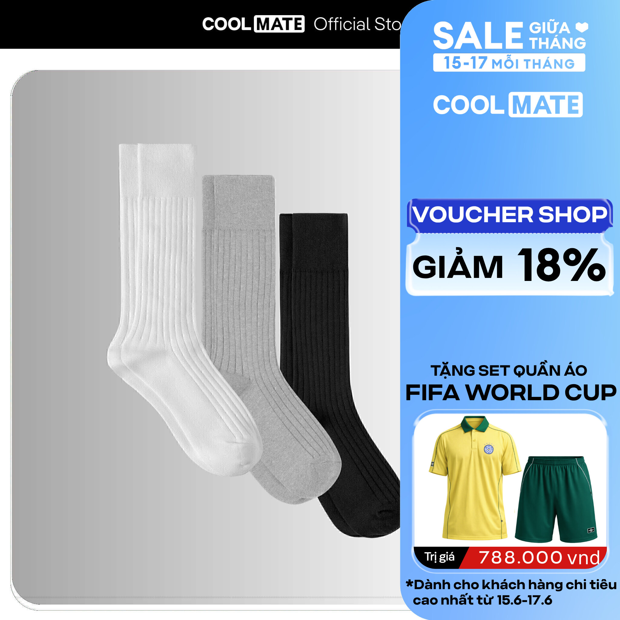Combo 3 đôi Tất cổ dài Cotton Ribbed Thoáng khí Coolmate