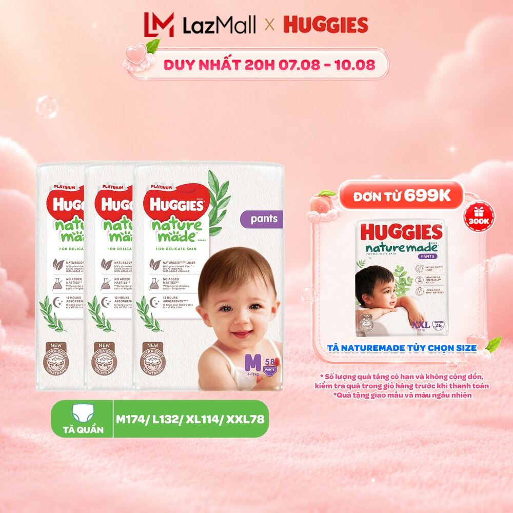 Combo 3 Tã/Bỉm quần Huggies NatureMade Platinum M58/L44/XL38/XXL26/XXXL28