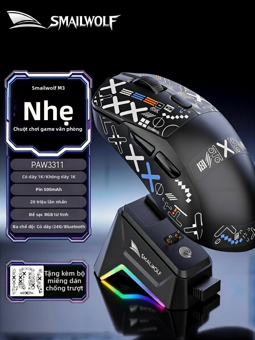SMAILWOLF | Chuột Chơi Game Không Dây Siêu Nhẹ M3Pro, Kết Nối Ba Chế Độ 1KHz, Cảm Biến PAW3311