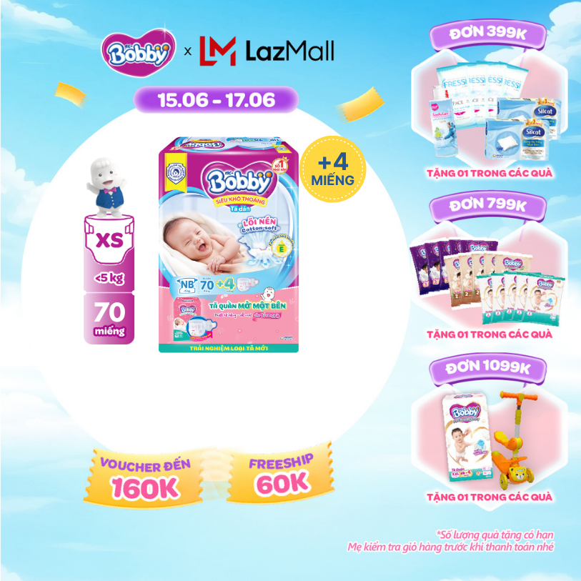 Tã dán Sơ sinh Bobby XS70 mới + tặng kèm 4 miếng tã quần mở một bên size NB/NB-S