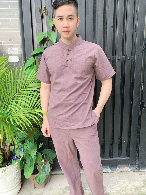 Đồ lam đi chùa nam ngắn tay 3 nút