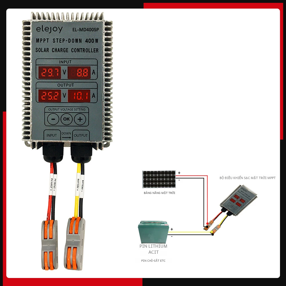 Bộ điều khiển năng lượng mặt trời Step-up Mppt 400w có màn hình LED Theo dõi thời gian thực Bộ điều khiển sạc pin 10-30v 12v/24v Điện áp đầu ra