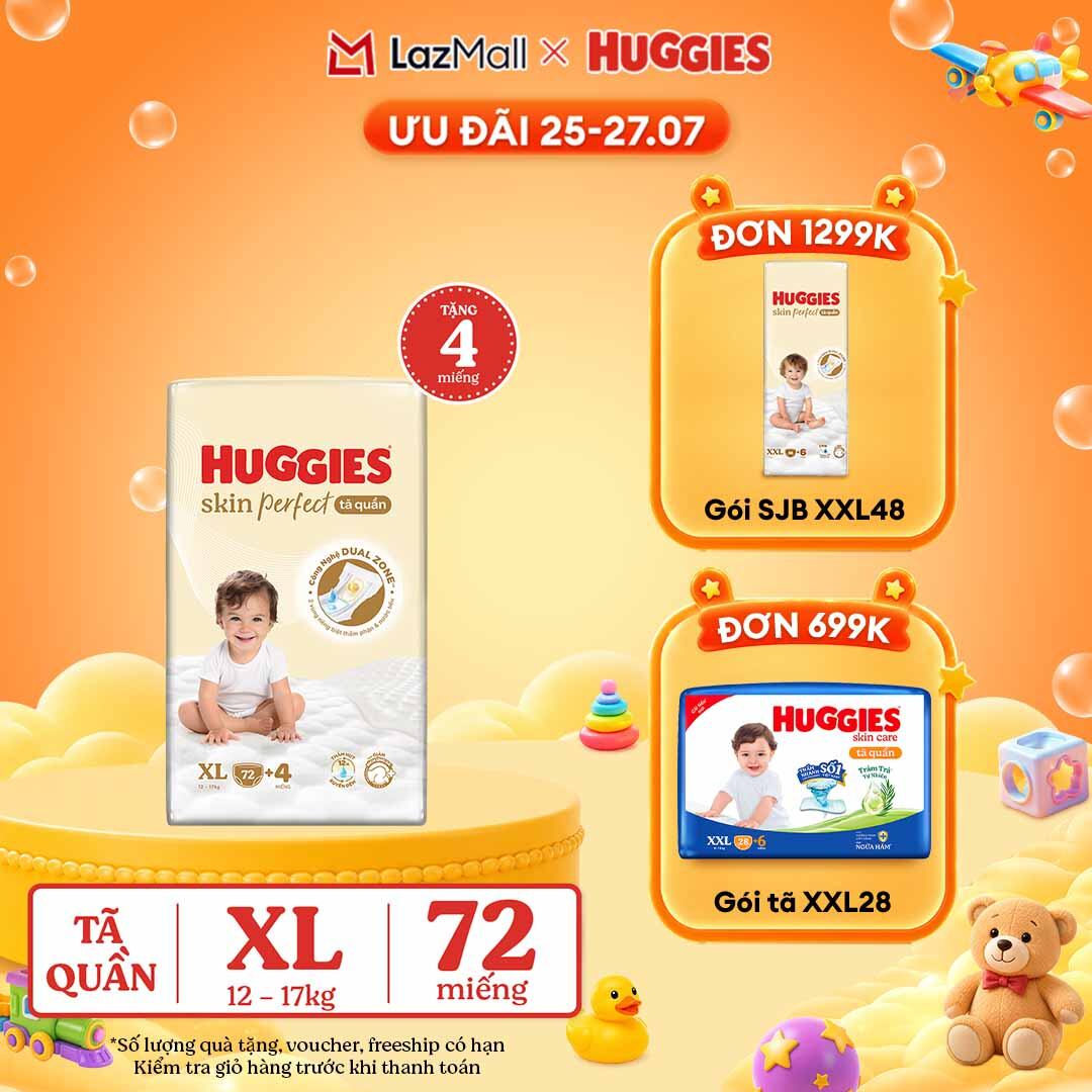[30.7 QUÀ TẶNG ĐH 699K]  Tã quần Huggies Skin Perfect XL Mega Jumbo 72+4 miếng với 2 vùng thấm giảm kích ứng da
