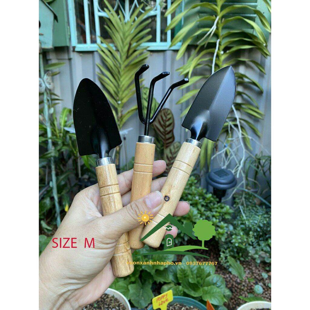 (Size M) Bộ 3 Cuốc Xẻng Cán Gỗ Làm Vườn