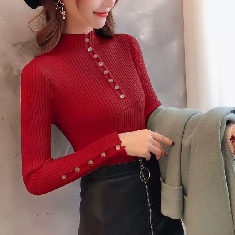 Áo len dài tay cổ 3 phân đính cúc ngực+tay cao cấp