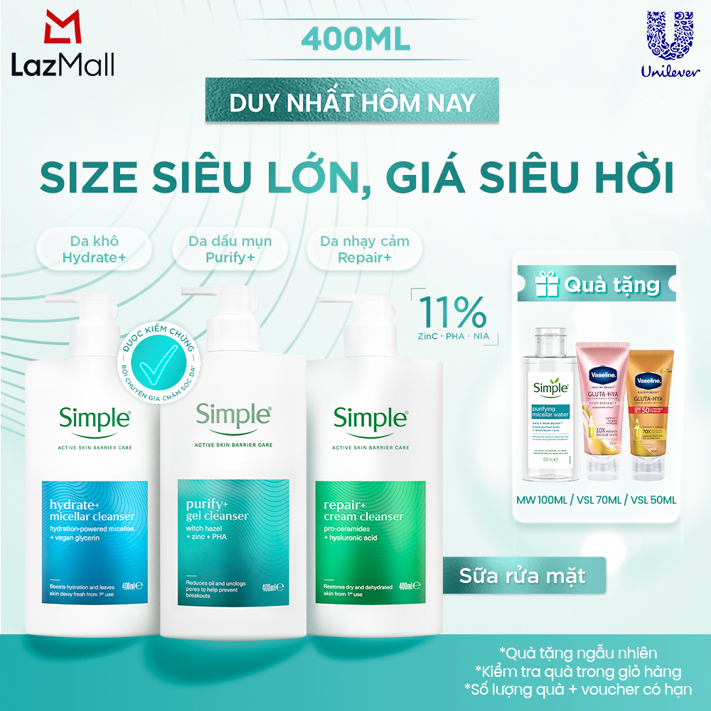 [MỚI] Sữa Rửa Mặt Simple 400ml Purify+ Giảm Mụn Sau 7 Ngày, Repair+ Phục Hồi Da, Hydrate+ Giúp Da Trông Căng Mướt