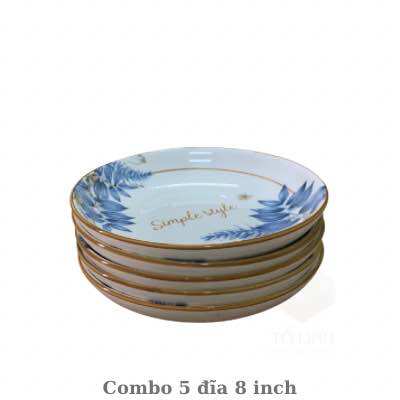 Combo 5 đĩa gốm sứ 23cm, đĩa gốm sứ hoa văn cao cấp,dĩa sứ