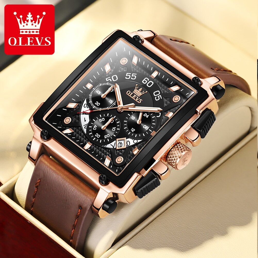 Olevs 9919 Nam Thời Trang Đồng Hồ Thạch Anh Dây Da Màu Nâu Chống Thấm Nước Chronograph Ngày Thép Khô