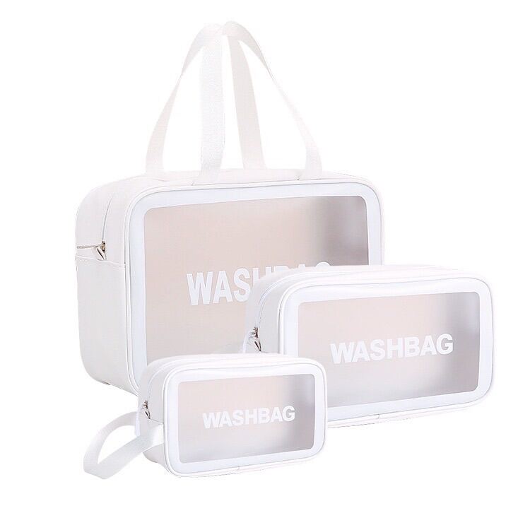 Set 3 túi trong suốt đựng mỹ phẩm, đồ trang điểm du lịch - Bộ 3 túi du lịch WASHBAG hồng chống thấm nước nhiều kích cỡ