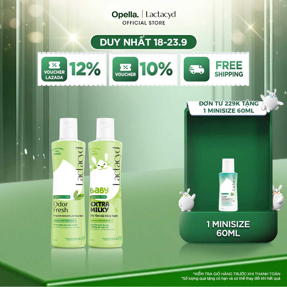 Bộ Dung Dịch Vệ Sinh Phụ Nữ Lactacyd Odor Fresh Ngăn Mùi 24H 250ml + Sữa Tắm Gội Trẻ em Lactacyd Baby Extra Milky 250ml