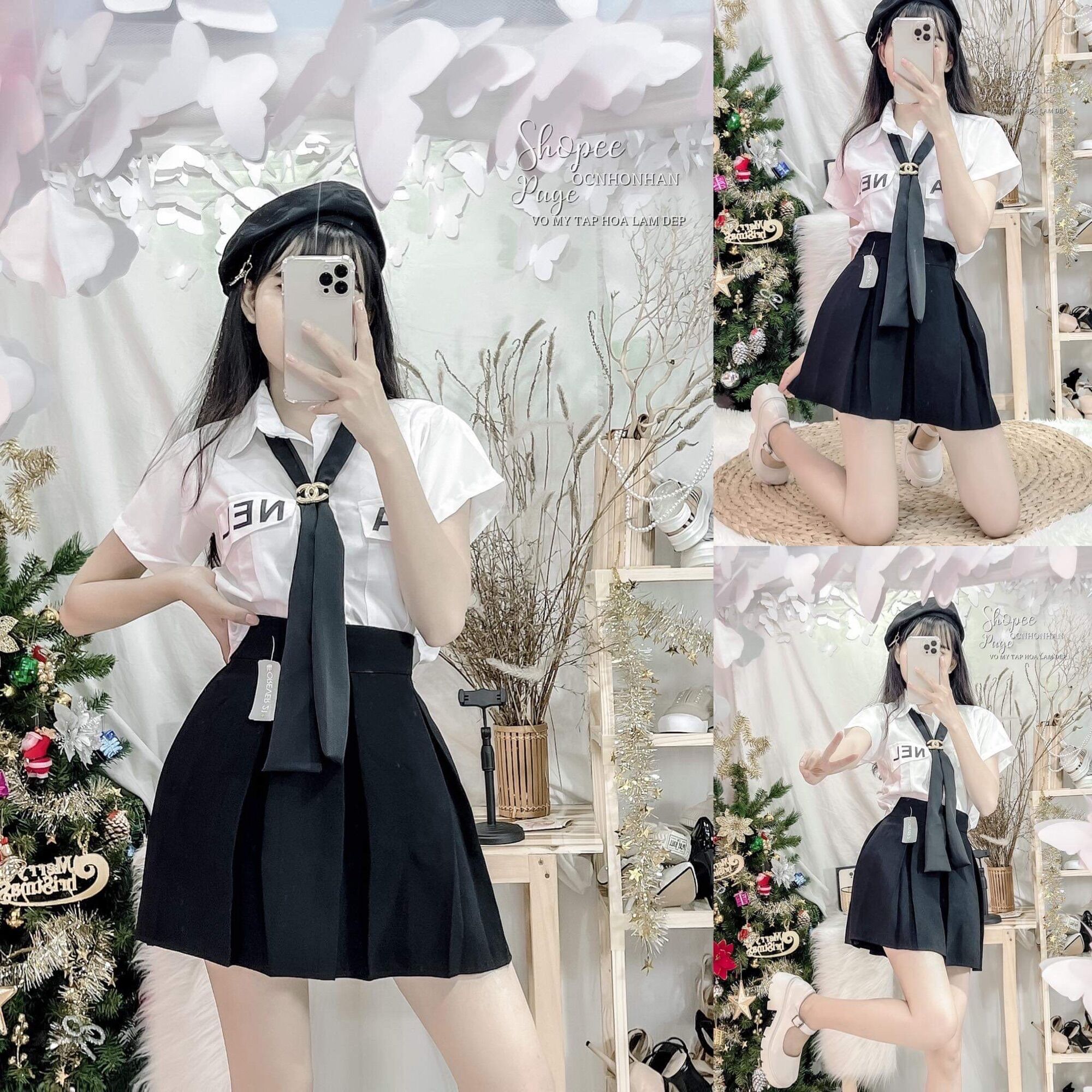 Set áo croptop sơmi kèm nơ phối chân váy xếp ly