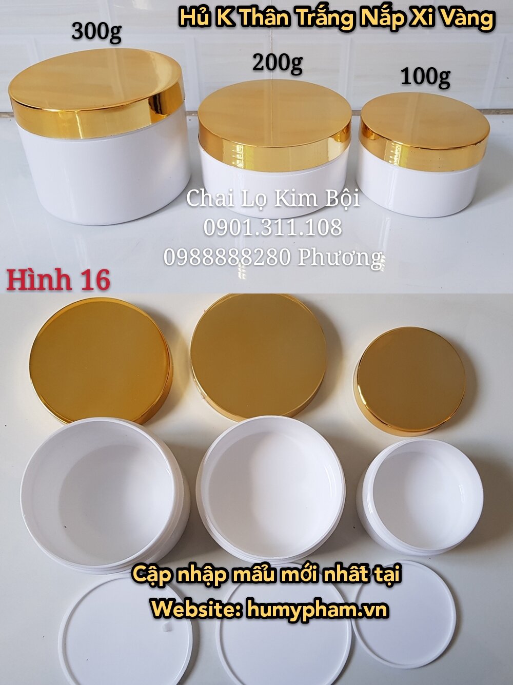 Hủ đựng kem body trắng nắp xi vàng 100g - 200g - 300g