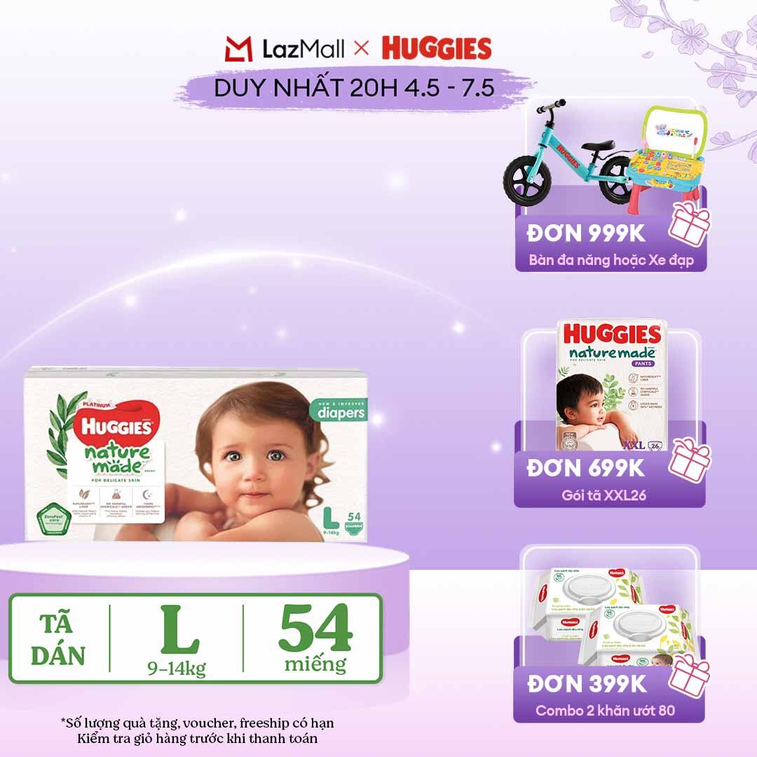[CHỈ 20h 04-07.05 QUÀ TẶNG ĐƠN 399K](Mua 1 tặng 1) Tã/Bỉm dán HUGGIES PLATINUM NatureMade L54 (9-14kg)-Gói Jumbo 54 miếng